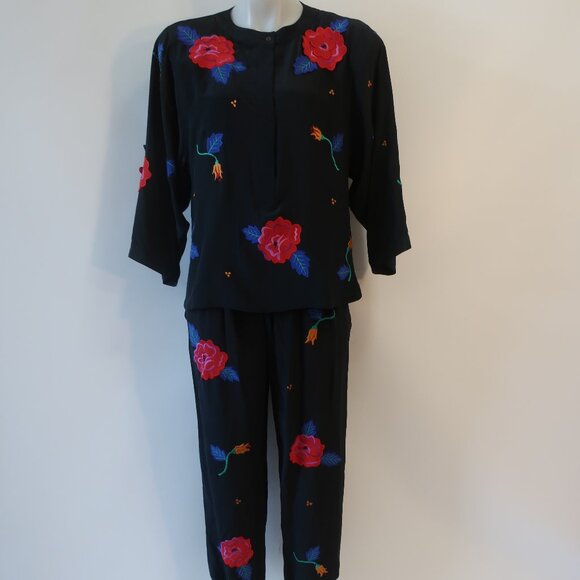 Womens Mercedes & Adrienne Black Multi Floral Pure Silk Vintage Pant/4 Top/2 - Picture 1 of 16